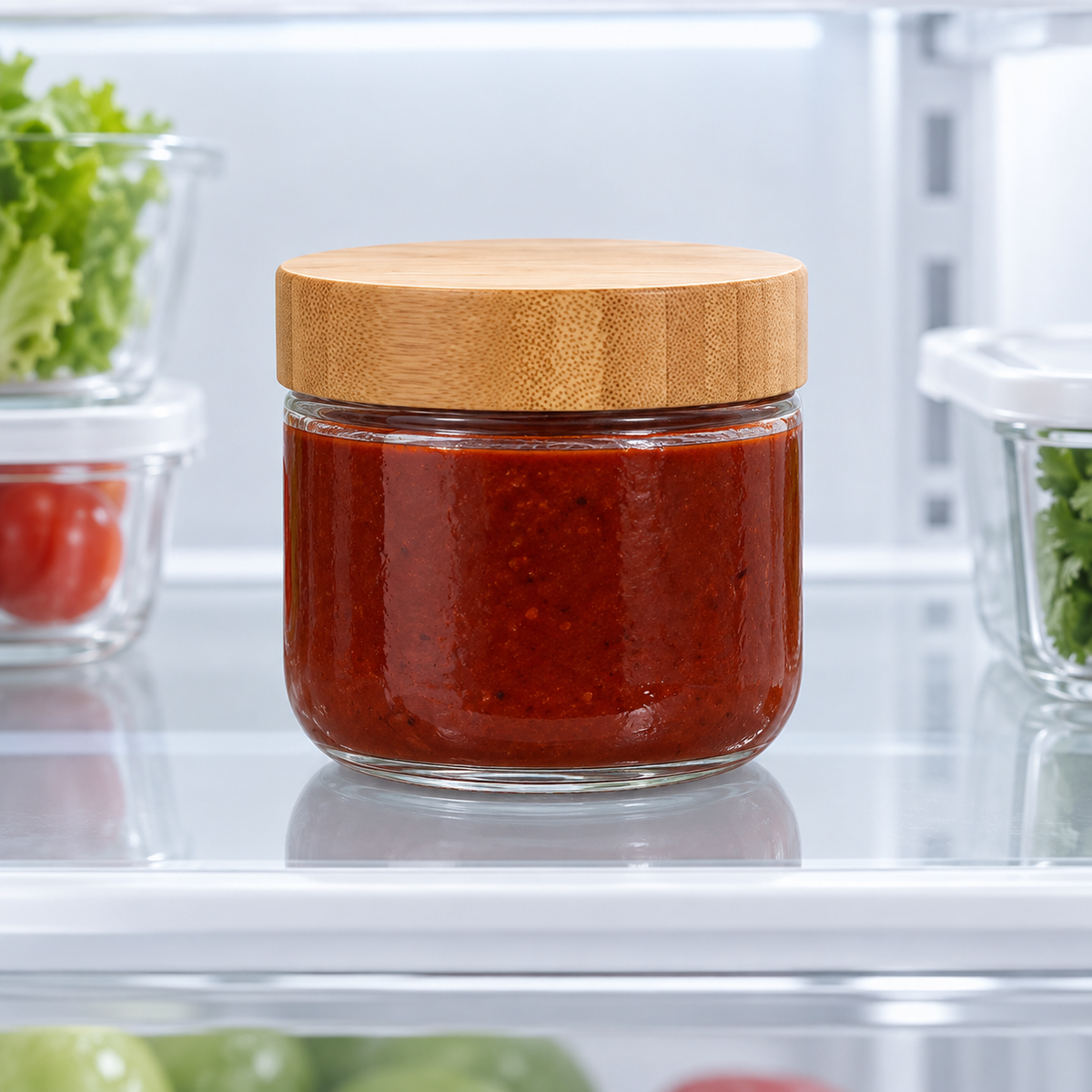 Frasco Freez 300ml de Vidrio c/ tapa de Bambú apta para refrigeradora