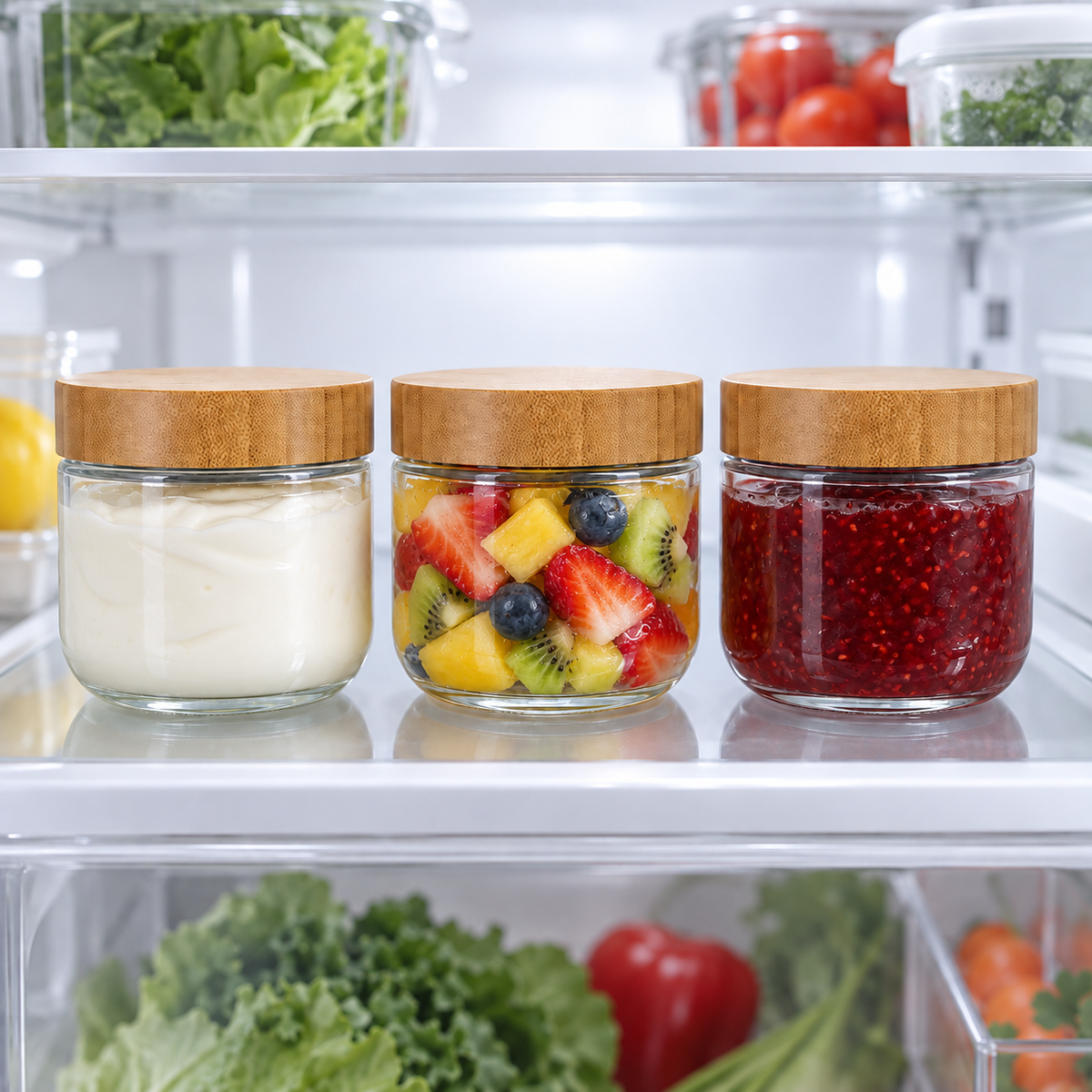 Frasco Freez 300ml de Vidrio c/ tapa de Bambú apta para refrigeradora