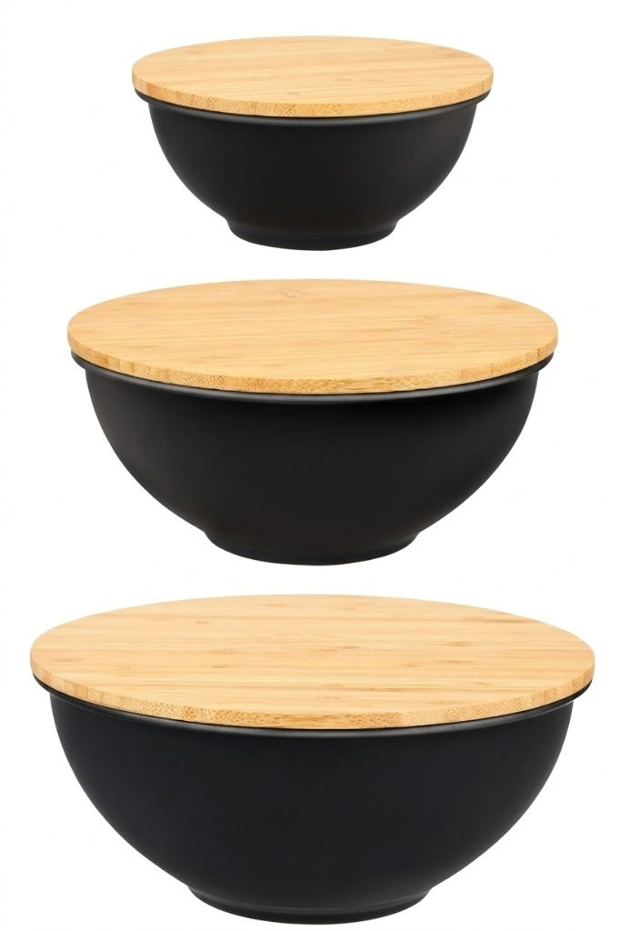Set x 3 Bowls Circulares de Cerámica Vitrificada c/ tapa de Bambú Toki